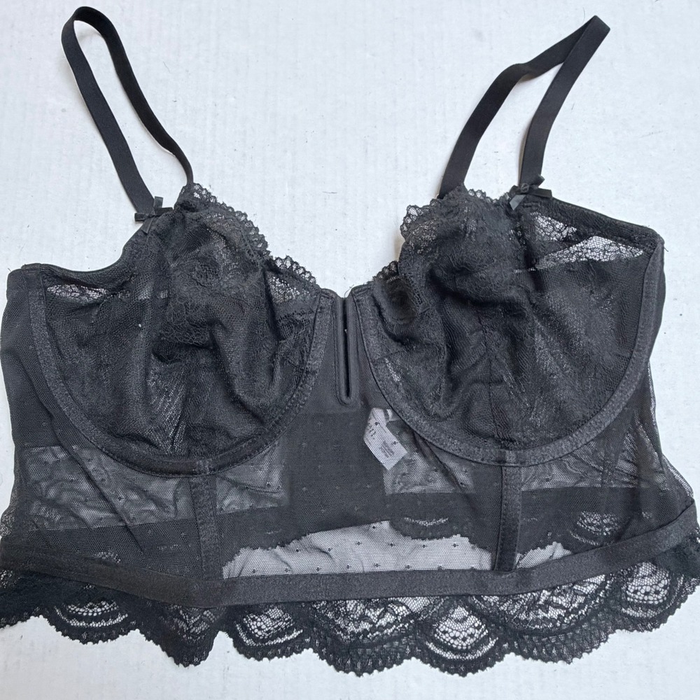 Auden Black Floral Lace Dot Mesh Longline Underwire Bra Womens XL Goth Whimsy - Picture 2 of 6